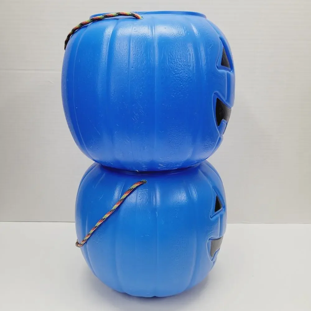 2 Halloween 8” BLUE Blow Mold Pumpkin Trick or Treat Pails W/Rope Handles